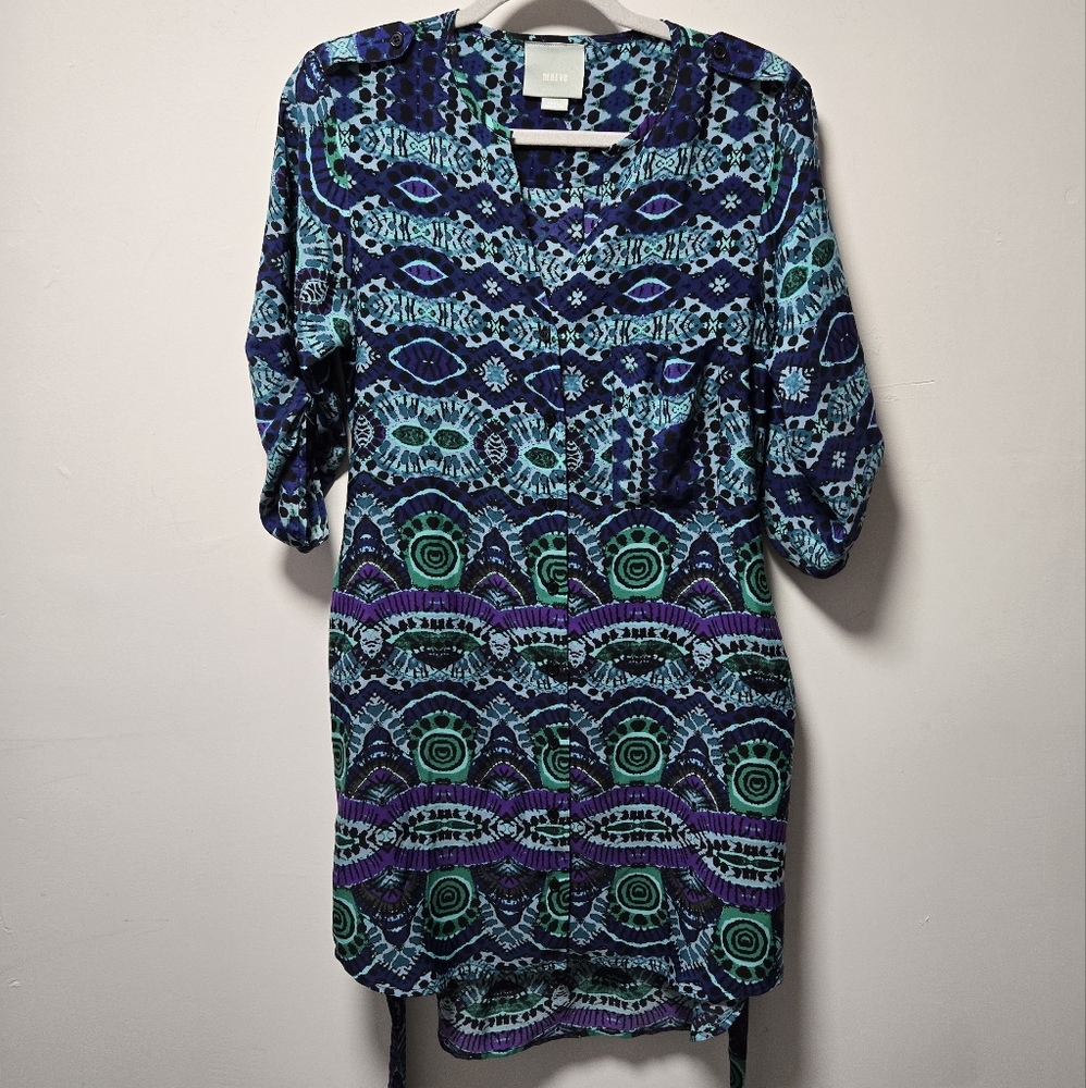 Maeve Button-up Blue Green Purple Dress Size Small Tie Tie-Dye Print